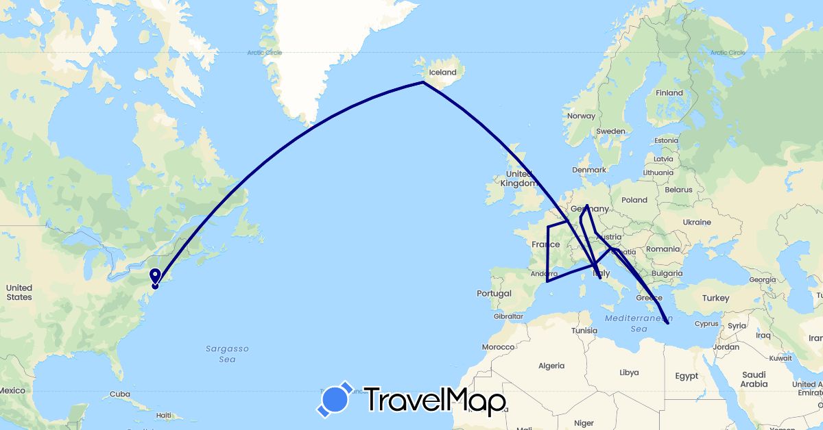 TravelMap itinerary: driving in Germany, Spain, France, Greece, Croatia, Iceland, Italy, Luxembourg, Slovenia, United States (Europe, North America)